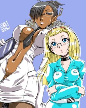 2girls black_hair blonde_hair blue_eyes blush breasts capcom choker cleavage curvy dark-skinned_female dark_skin earrings forehead fur_trim glasses gloves grey_eyes hair_ornament hair_over_one_eye hair_up height_difference hoop_earrings jacket jewelry large_breasts long_hair looking_at_viewer multiple_girls navel necktie nipples open_clothes open_jacket pointy_ears rokujou_mugi shiny_skin silvia_(viewtiful_joe) sprocket_(viewtiful_joe) viewtiful_joe wide_hips zipper