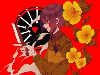 1other arm_at_side bob_cut bone brown_hair brown_sweater chara_(undertale) chromatic_aberration circle_facial_mark collared_shirt commentary cracked_clothes cracked_skin english_commentary film_grain flower heart highres holding holding_knife inverted_bob knife leaf long_sleeves nail_polish no_pupils orange_sweater other_focus pointing profile red_background red_eyes red_nails shirt simple_background solo striped_clothes striped_sweater sweater takenaka_(takenaka1111) tongue tongue_out two-tone_sweater undertale upper_body utdr_(toby_fox) yellow_flower