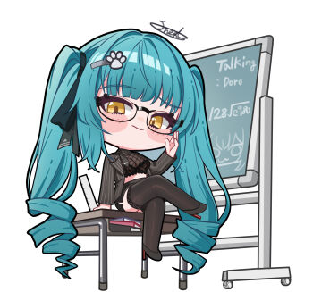 1girl black-framed_eyewear black_skirt black_thighhighs blazer blue_hair blush_stickers breasts chalkboard chibi closed_mouth crossed_legs desk full_body goddess_of_victory:_nikke hair_ribbon high_heels inesia jacket large_breasts long_hair long_sleeves official_alternate_costume privaty_(nikke) privaty_(sharp_lesson)_(nikke) ribbon school_desk see-through_clothes simple_background sitting skirt solo thighhighs twintails very_long_hair white_background yellow_eyes