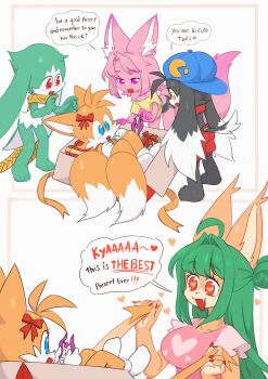 1girl 2025 4boys absurdres blue_eyes blush box english_text fox fox_boy gift gift_box green_hair hair_ribbon happy heart heart-shaped_pupils highres hotpants kaze_no_klonoa king_of_sorrow klonoa multiple_boys multiple_tails open_mouth pink_eyes pink_fur ribbon sega shorts socks sonic_(series) sparkydb speech_bubble symbol-shaped_pupils tail tails_(sonic) two_tails