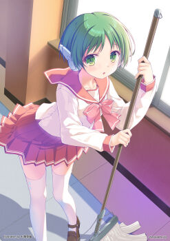 1girl android aquaplus artist_name blouse blush bow brown_shoes buttons collarbone collared_shirt commentary_request company_name contrast_collar copyright_notice dress_shoes from_above green_eyes green_hair guest_art hallway highres holding holding_mop ice indoors loafers long_sleeves looking_at_viewer mop multi_(to_heart) nanao_naru official_art open_mouth pink_bow pleated_skirt red_sailor_collar red_skirt robot_ears sailor_collar school second-party_source shadow shirt shoe_strap shoes side_slit skirt sleeve_cuffs solo sunlight thighhighs tile_floor tiles to_heart to_heart_(series) white_sleeves white_thighhighs window