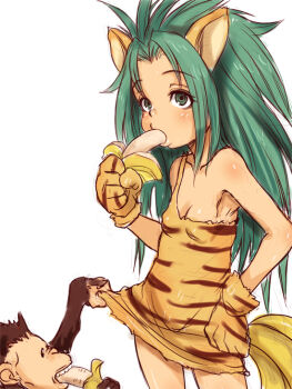 animal_ears animal_hands animal_print banana cat_ears cham_cham clothes_lift e10 eating food fruit gloves green_hair monkey paku_paku paw_gloves samurai_spirits skirt skirt_lift tiger_ears tiger_print