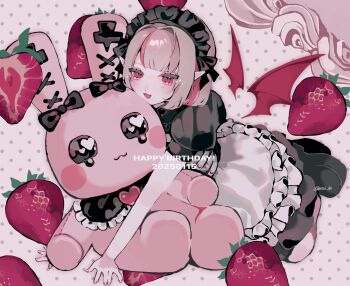 Rule 34 | 1girl, apron, brown hair, commentary request, debitto (makaino ririmu), demon wings, detached wings, food, frilled apron, frills, fruit, happy birthday, highres, maid headdress, makaino ririmu, makaino ririmu (5th costume), multicolored hair, nijisanji, official alternate costume, pointy ears, polka dot, polka dot background, powako (mtu dn), puffy short sleeves, puffy sleeves, short hair, short sleeves, smile, solo, strawberry, streaked hair, stuffed animal, stuffed rabbit, stuffed toy, virtual youtuber, waist apron, wings