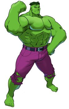 Rule 34 | 1990s (style), 1998, 1boy, absurdres, belt, bengus, capcom, colored skin, flexing, game cg, green skin, hand on own hip, highres, hulk, looking at viewer, male focus, marvel, marvel vs. capcom, marvel vs. capcom 1, muscular, no shoes, non-web source, official art, pants, purple pants, retro artstyle, short hair, torn clothes, torn pants