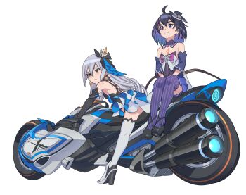 2girls ahoge bad_id bad_pixiv_id bare_shoulders black_gloves bronya_zaychik bronya_zaychik_(herrscher_of_reason) chest_tattoo detached_sleeves elbow_gloves full_body gloves grey_eyes grey_hair hair_ornament highres honkai_(series) honkai_impact_3rd kneepits long_hair matsushita_yuubin motor_vehicle motorcycle multiple_girls project_bunny purple_eyes purple_hair purple_skirt purple_sleeves purple_thighhighs seele_vollerei seele_vollerei_(swallowtail_phantasm) simple_background skirt smile tattoo thighhighs very_long_hair white_background white_gloves white_thighhighs
