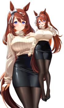 1girl absurdres alternate_costume animal_ears black_pantyhose black_shoes black_skirt blue_eyes blush bow braid braided_bangs breasts brown_hair closed_mouth commentary_request ear_bow full_body hair_between_eyes hand_up high_heels highres horse_ears horse_girl horse_tail large_breasts long_hair long_sleeves looking_at_viewer multicolored_hair multiple_views narumi_yuzurai open_mouth pantyhose pencil_skirt ponytail ribbed_sweater shoes simple_background skirt smile streaked_hair super_creek_(umamusume) sweater tail teeth turtleneck turtleneck_sweater umamusume upper_teeth_only white_background white_bow white_streaks white_sweater