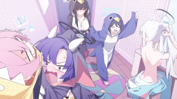 5girls ^_^ absurdres adjusting_hair anger_vein angry animal_costume aris_(blue_archive) black_hair blank_eyes blue_archive breasts button_gap cleavage closed_eyes clothes_grab collar_grab elephant_costume embarrassed facing_another grey_hair hair_tie halo highres holding holding_hair_tie hood hood_up indoors koyuki_(blue_archive) koyuki_(pajamas)_(blue_archive) large_breasts looking_at_another mmhomm multiple_girls neckwear_grab noa_(blue_archive) penguin_costume pink_hair purple_hair rio_(blue_archive) seminar_(blue_archive) topless_female trembling v-shaped_eyebrows wide-eyed yuuka_(blue_archive)