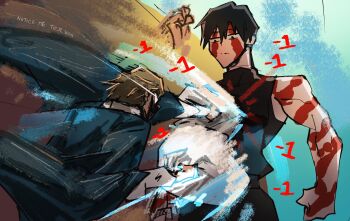 1boy 1girl attack biceps black_hair blonde_hair clenched_hands damage_numbers fighting highres jujutsu_kaisen looking_at_another meme muscular muscular_female punching raiden_punching_armstrong_(meme) rapid_punches scar scars_all_over sonic1nstinct standing tall_female too_many zen'in_maki zen'in_naoya