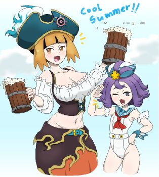 Rule 34 | 2girls, ^^^, acerola (pokemon), acerola (summer 2024) (pokemon), ascot, bare shoulders, beer mug, belt, belt buckle, blush, breasts, buckle, cleavage, collarbone, covered erect nipples, cup, dress, english text, gardenia (pokemon), gardenia (summer 2024) (pokemon), groin, hat, korean text, large breasts, midriff, mug, multiple girls, navel, nintendo, one-piece swimsuit, one eye closed, open mouth, orange eyes, orange hair, pirate costume, pirate hat, pokemon, pokemon masters ex, purple eyes, purple hair, sailor collar, salute, short hair, smile, swimsuit, waagh52, wide hips