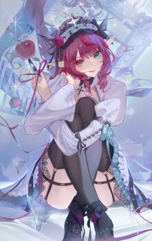 1girl absurdres apple black_thighhighs blue_eyes dress food fruit heterochromia highres hololive irys_(hololive) kirin55641 looking_at_viewer multicolored_hair pointy_ears purple_eyes purple_hair red_hair sitting solo thighhighs two-tone_hair virtual_youtuber white_dress