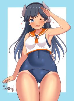 1girl artist_name black_hair blue_background blush breasts commentary_request cowboy_shot gluteal_fold grey_eyes headgear highres i-400_(kancolle) kantai_collection long_hair looking_at_viewer one-piece_swimsuit one_eye_closed open_mouth orange_sailor_collar sailor_collar salute school_swimsuit shirt sleeveless sleeveless_shirt small_breasts smile solo swimsuit swimsuit_under_clothes tan tanline white_background white_shirt yatsurugi