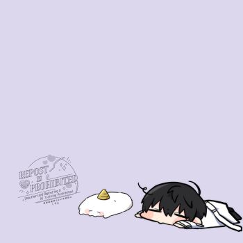 1boy biyoo_(omniscient_reader&#039;s_viewpoint) black_hair chibi chibi_only closed_eyes coat full_body hair_between_eyes hashtag-only_commentary highres kim_dokja kimidori_22 lying omniscient_reader&#039;s_viewpoint on_ground on_stomach open_clothes open_coat short_hair white_coat yurie_mouth