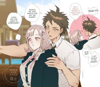 1boy 1girl ahoge blush breasts brown_hair commentary danganronpa_(series) danganronpa_2:_goodbye_despair dress_shirt english_commentary english_text frown grey_shirt hair_ornament hinata_hajime hood hood_down hooded_jacket jacket large_breasts medium_hair nanami_chiaki outdoors pink_eyes shirt short_sleeves speech_bubble spiked_hair sweatdrop two-tone_shirt watermark xx_doomzday_xx