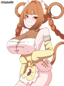1girl :3 absurdres alternate_breast_size_(larger) animal_ears apron bare_shoulders braid braided_twintails breast_padding breasts brown_eyes brown_hair commentary_request detached_sleeves hair_rings highres huge_breasts kiki_peiling_(last_origin) korean_commentary last_origin long_hair looking_at_viewer maid_headdress monkey_ears monkey_girl monkey_tail orangegoon revealing_clothes signature sleeves_past_wrists smug tail thick_eyebrows thighhighs very_long_hair white_background yin_yang