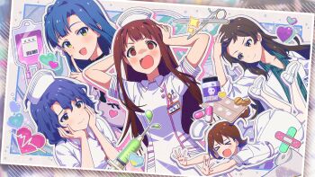 &gt;_&lt; 5girls @_@ arms_up bandaid blue_hair brown_eyes brown_hair closed_mouth coat commentary_request dress game_cg green_eyes hands_on_own_head hat heart high_heels idolmaster idolmaster_million_live! idolmaster_million_live!_theater_days intravenous_drip kasuga_mirai kitazawa_shiho long_hair looking_at_viewer multiple_girls name_tag nanao_yuriko nurse nurse_cap official_alternate_costume official_art open_mouth outline pill pill_bottle scissors short_hair smile syringe tanaka_kotoha third-party_source toyokawa_fuka tripping white_coat white_dress white_outline