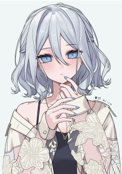 1girl absurdres artist_name black_camisole blue_eyes blue_nails blush breasts camisole closed_mouth collarbone commentary_request dated dot_nose fingernails grey_background grey_hair hair_between_eyes half_updo hands_up highres jacket jewelry long_bangs long_sleeves looking_at_viewer nail_polish necklace off_shoulder official_alternate_costume official_alternate_hair_length official_alternate_hairstyle open_clothes open_jacket project_sekai see-through_clothes see-through_sleeves short_hair sidelocks simple_background single_off_shoulder sleeves_past_wrists small_breasts solo spaghetti_strap straight-on upper_body ura_giri wavy_hair yellow_jacket yoisaki_kanade zozotown