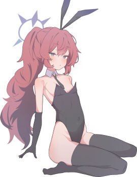 1girl absurdres animal_ears black_thighhighs blue_archive blush breasts grey_eyes highres iroha_(blue_archive) long_hair looking_at_viewer playboy_bunny rabbit_ears red_hair s10021 simple_background sitting small_breasts solo thighhighs white_background