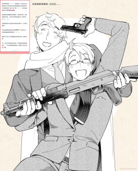 Rule 34 | 2boys, ahoge, aiming, ak-47, america (hetalia), arm up, artist name, assault rifle, axis powers hetalia, belt, beretta 92, blush, breast pocket, buttons, closed eyes, collared shirt, commentary, cowboy shot, desert eagle, fingernails, formal clothes, glasses, greyscale with colored background, gun, handgun, handkerchief, hands up, highres, holding, holding gun, holding lead pipe, holding weapon, jacket, kalashnikov rifle, lapels, lead pipe, long sleeves, male focus, marshmallow (site), multiple boys, necktie, open mouth, pants, pocket, pocket square, qia li, request inset, rifle, russia (hetalia), scarf, semi-rimless eyewear, shirt, short hair, simple background, smile, standing, suit, suit jacket, untranslatable commentary, vest, weapon, yellow background