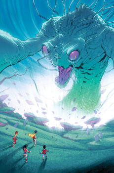 1girl 3boys ankle_lace-up aqua_lad aquaman_(series) batman_(series) black_hair blue_footwear boots cape dc_comics dick_grayson donna_troy flash_(series) garth giant gloves green_footwear kid_flash leotard monster multiple_boys orange_hair ponytail red_footwear robin_(dc) shoes standing teen_titans tombstone wally_west wonder_girl wonder_woman_(series) yellow_footwear