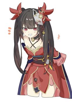 +++ 1girl akizuwa arms_behind_back bare_shoulders bell black_choker breasts brown_hair butterfly_in_eye choker cleavage cropped_legs detached_sleeves dress floral_print fox_mask highres honeycomb_(pattern) honkai:_star_rail honkai_(series) kikkoumon long_hair looking_at_viewer mark_under_both_eyes mask mask_on_head neck_bell obi red_dress red_sleeves sash simple_background smile solo sparkle_(honkai:_star_rail) symbol_in_eye twintails white_background