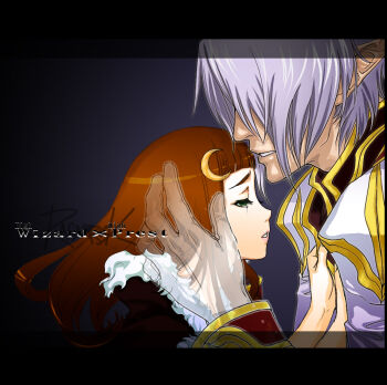 1boy 1girl blunt_bangs brown_cape brown_hair cape character_name coat commentary commentary_request crescent crescent_hair_ornament english_commentary engrish_commentary fur-trimmed_cape fur_trim ghost gold_trim green_eyes grey_hair hair_ornament hetero high_priest_(ragnarok_online) high_wizard_(ragnarok_online) letterboxed lips long_hair looking_at_another murmurze pointy_ears ragnarok_online short_hair upper_body white_coat