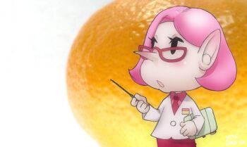 1girl alternate_costume black_eyes blush book brittany_(pikmin) buttons collared_shirt commentary_request cowboy_shot dated ear_blush eyelashes food fruit fruit_background glasses holding holding_book holding_stick jacket light_blush long_sleeves looking_to_the_side name_tag necktie nintendo open_mouth orange_(fruit) pikmin_(series) pink_hair pink_shirt pointy_ears pointy_nose red-framed_eyewear red_necktie red_skirt shirt short_hair signature simple_background skirt solid_oval_eyes solo stick teaching triangular_eyewear white_background white_jacket white_sleeves yoshizaki_mine