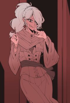 Rule 34 | 1girl, bloodborne, doctor, evil grin, evil smile, finger to mouth, fromsoftware, gloves, grin, highres, holding, holding scalpel, iosefka, looking at viewer, monochrome, one eye covered, ponytail, portrait, robe, saliva, sash, scalpel, smile, velkavelkavelka, white gloves, white hair, white robe