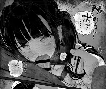 1boy 1girl bar_censor blush breasts censored crying crying_with_eyes_open ear_piercing fellatio greyscale hetero holding_another's_hair kashihara_noa_(kindatsu) kindatsu long_hair medium_breasts monochrome nipples oral original penis piercing sidelocks solo_focus tears two_side_up