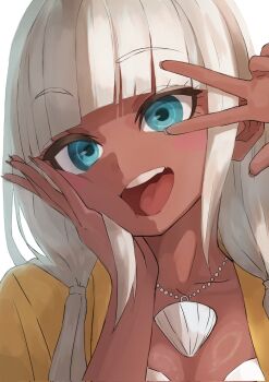 1girl amaruru0723 bead_necklace beads bikini blue_eyes blunt_bangs blush breasts cleavage commentary danganronpa_(series) danganronpa_v3:_killing_harmony dark-skinned_female dark_skin eyelashes ganguro gyaru hand_on_own_cheek hand_on_own_face highres jewelry long_hair looking_at_viewer low_twintails necklace open_mouth portrait raincoat ringed_eyes shell shell_necklace sidelighting smile solo swimsuit teeth twintails upper_teeth_only v v_over_eye white_hair yellow_raincoat yonaga_angie