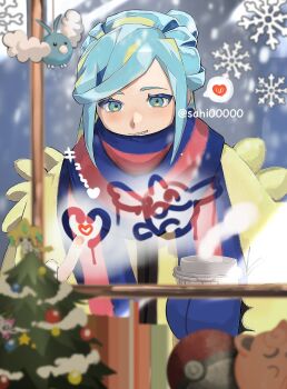 1boy alternate_color artist_name bird blue_eyes blue_hair blurry blurry_foreground celebi cetoddle christmas_tree closed_mouth commentary_request drawn_heart gen_1_pokemon gen_2_pokemon gen_3_pokemon grusha_(pokemon) heart highres jigglypuff jirachi legendary_pokemon male_focus musical_note mythical_pokemon nintendo poke_ball poke_ball_(basic) pokemon pokemon_(creature) pokemon_sv sahi00000 shiny_pokemon smile snowflakes speech_bubble spoken_heart spoken_musical_note swablu translation_request trap twitter_username window