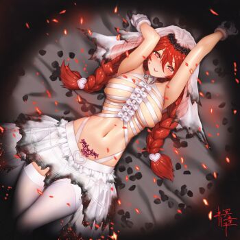 1girl absurdres arms_up blush bow braid breasts burning burnt_clothes dutch_angle embers eyebrows_hidden_by_hair gloves hair_between_eyes headdress heart heart-shaped_pupils highres large_breasts long_hair looking_at_viewer lying navel no_bra on_back original parted_lips petals pubic_tattoo qingmingtongzi red_eyes red_hair revealing_clothes skirt smile solo symbol-shaped_pupils tattoo thighhighs torn_clothes twin_braids white_bow white_gloves white_skirt white_thighhighs zettai_ryouiki