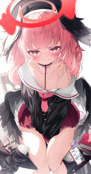 1girl absurdres beret black_wings blue_archive blush feathered_wings halo hat head_wings highres koharu_(blue_archive) looking_at_viewer low_wings neckerchief off_shoulder phone pink_eyes pink_hair pink_neckerchief red_halo school_uniform sho_me_1853 short_twintails sitting solo sweat twintails winged_halo winged_hat wings