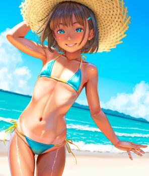 1girl beach bikini blue_bikini blue_eyes brown_hair cloud day flat_chest hair_ornament hairclip hat highres loli looking_at_viewer navel ocean original outdoors short_hair side-tie_bikini_bottom sky smile solo straw_hat swimsuit tan tanline uzuki_mei