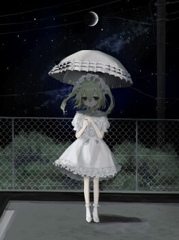 Rule 34 | 1girl, absurdres, chain-link fence, crescent moon, dress, fence, frilled dress, frilled hairband, frills, hairband, hayu (hayu0305), highres, holding, holding umbrella, long hair, looking at viewer, moon, night, original, outdoors, puffy short sleeves, puffy sleeves, short sleeves, sky, standing, star (sky), starry sky, two side up, umbrella, white dress