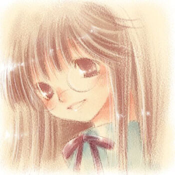 1girl archived_source artist_request blush brown_eyes brown_hair close-up glass long_hair looking_at_viewer loose_hair_strand lowres original pale_color red_ribbon ribbon rimless_eyewear round_eyewear smile solo straight_hair teeth upper_body