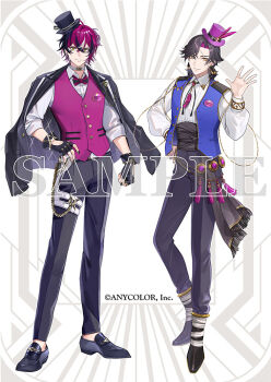 Rule 34 | >:), 2boys, ahoge, alternate costume, ankle wrap, anti-eyebrow piercing, arm at side, belt, black boots, black bow, black bowtie, black gloves, black hair, black hat, black jacket, black nails, black pants, black sash, black shoes, blue vest, bolo tie, boots, bow, bowtie, choker, clenched hand, closed mouth, collared shirt, colored inner hair, copyright notice, crossed bangs, curtained hair, doppio dropscythe, earrings, face piercing, facial mark, feather necklace, feathers, fingerless gloves, full body, gem, gloves, hair between eyes, hand on own hip, hand up, hat, hat feather, hoop earrings, jacket, jacket on shoulders, jewelry, lapel pin, lapels, loafers, long sleeves, looking at viewer, male focus, medium hair, mini hat, mini top hat, multicolored hair, multiple boys, necklace, nijisanji, nijisanji en, notched lapels, official art, open clothes, open collar, open hand, open vest, pants, piercing, pink bow, pink bowtie, pink feathers, pink gemstone, pink hair, pink hat, pink vest, purple hair, sample watermark, sash, scar, scar across eye, scar on face, shirt, shoes, short hair, sleeves rolled up, smile, standing, streaked hair, striped bow, striped bowtie, striped clothes, stud earrings, swept bangs, takashi (huzakenna), tassel, thigh strap, tilted headwear, top hat, v-shaped eyebrows, vest, vezalius bandage, virtual youtuber, waist sash, wallet chain, watermark, waving, white background, white belt, white choker, white hair, white shirt, yellow eyes