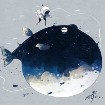 Rule 34 | 1other, animal focus, artist name, astronaut, backpack, bag, closed eyes, commentary, fish, floating, flying fish, full body, gloves, grey background, helmet, highres, kazunoko (kazunoko zunoco), looking at animal, original, puffer fish, radio antenna, signature, simple background, space, space helmet, spacesuit, star (sky), tether, white gloves