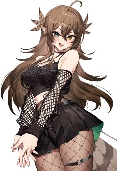 1girl absurdres ahoge bare_shoulders belt bird_tail black_belt black_skirt black_tank_top breasts brown_eyes brown_hair brown_tail cleavage commission cowboy_shot criss-cross_halter crop_top double-parted_bangs fishnet_pantyhose fishnet_top fishnets grey_eyes hair_between_eyes halterneck heterochromia highres indie_virtual_youtuber interlocked_fingers kumi_(vtuber) legs_together long_hair long_sleeves looking_at_viewer medium_breasts midriff non-web_source o-ring o-ring_thigh_strap ojo_aa open_mouth own_hands_together pantyhose pointy_ears scar scar_across_eye scar_on_face second-party_source see-through_pantyhose simple_background skeb_commission skirt solo standing tachi-e tail tank_top teeth thigh_strap transparent_background two-sided_fabric two-sided_skirt upper_teeth_only v_arms