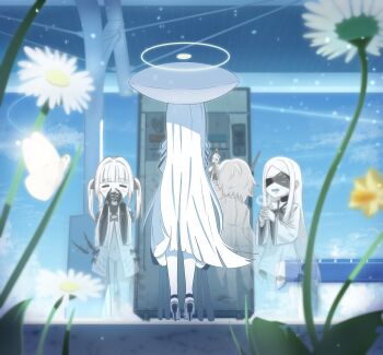 Rule 34 | 4girls, blue archive, commentary request, cup, dandelion, day, ein (blue archive), flower, hat, highres, holding, holding cup, kazuri (keiwa-san yu-ki380), long hair, malkuth (blue archive), multiple girls, ohr (blue archive), open mouth, outdoors, sof (blue archive), standing, train station, twintails, vending machine, very long hair, white hair, white hat