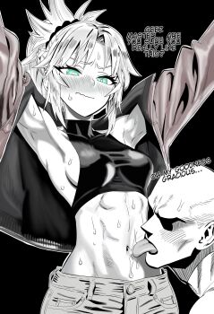 1boy 1girl armpits arms_up blue_eyes blush breasts crop_top english_text fate/grand_order fate_(series) highres jacket kunitoro_(artist) licking licking_stomach medium_breasts mordred_(fate) open_clothes open_jacket sideboob spot_color sweat tongue tongue_out