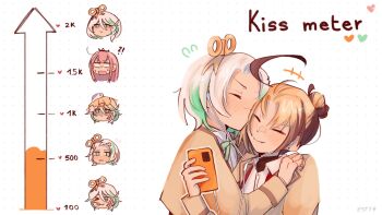 3girls anger_vein blush brown_hair brown_jacket brown_streaks cecilia_immergreen cellphone closed_eyes closed_mouth collared_shirt commentary dotted_background earphones english_commentary expressionless fang flying_sweatdrops gigi_murin green_eyes green_streaks heart highres holding holding_phone hololive hololive_english jacket kiss kiss_meter_(meme) kissing_cheek long_hair meme mole mole_under_eye mori_calliope multiple_girls phone pink_hair school_uniform shared_earphones shirt short_hair smartphone smile sticker_sr virtual_youtuber white_hair white_shirt winding_key yuri