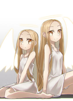 2girls aged_up angel_notes angel_wings bare_shoulders barefoot blonde_hair blush breasts commentary_request dress dual_persona forehead halo long_hair looking_at_viewer medium_breasts multiple_girls parted_bangs small_breasts smile v/v white_dress wings yellow_eyes yubeshi_(zecxl)