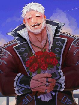 1boy absurdres bara beard blush bouquet chinstrap_beard closed_eyes coat collarbone cross_scar facial_hair facing_viewer fangs flower frilled_wrist_cuffs frills high_collar highres holding holding_bouquet jewelry kresnik_(housamo) long_hair male_focus mature_male multiple_rings muscular muscular_male necklace official_alternate_costume open_mouth pectoral_cleavage pectorals ponytail red_coat red_flower red_rose ring rose route_(ealger50703) scar scar_on_face scar_on_forehead shirt smile solo thick_eyebrows tokyo_houkago_summoners vampire white_hair white_shirt wrist_cuffs