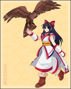 Rule 34 | 1girl, ainu clothes, artist name, black hair, blue eyes, boots, breasts, fingerless gloves, gloves, hair ribbon, highres, large breasts, legs, long hair, looking at viewer, mamahaha, nakoruru, pants, ribbon, samurai spirits, smile, snk, solo, the king of fighters, the king of fighters xv, thighs, walking