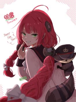 1girl absurdres ahoge animal_on_back blurry blurry_foreground blush braid braided_twintails cardigan character_name chest_bow commentary commentary_request english_commentary from_behind green_eyes grin hair_ornament hair_ribbon hand_up happy_new_year hearing_aid highres kamanosuke_(zenless_zone_zero) long_hair looking_at_viewer looking_back mirimiri21 mixed-language_commentary new_year parted_lips pink_cardigan raccoon red_hair ribbon smile sphere_hair_ornament tanuki twitter_username ukinami_yuzuha upper_body white_background white_ribbon zenless_zone_zero