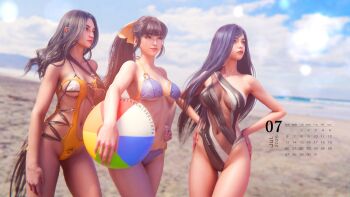 3d 3girls ball beach beachball bikini black_hair black_leotard breasts brown_hair day eve_(stellar_blade) happy july large_breasts leotard long_hair looking_ahead looking_up multiple_girls ocean raven_(stellar_blade) sand serious smile sreliata stellar_blade sun swimsuit tachy_(stellar_blade) very_long_hair