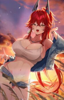 1girl belt bracelet breasts camisole cleavage collarbone commentary commentary_request denim denim_jacket denim_shorts english_commentary eungking_(tog2029) exposed_pocket fang goddess_of_victory:_nikke highres horns jacket jewelry large_breasts long_hair mechanical_horns medium_sidelocks micro_shorts midriff navel necklace official_alternate_costume official_alternate_hairstyle open_belt open_mouth ponytail red_eyes red_hood_(nikke) red_hood_(retro_days)_(nikke) ribbed_camisole shorts smile solo white_camisole yellow_eyes