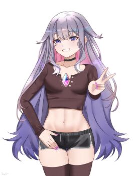 1girl black_choker black_shorts breasts brown_shirt brown_thighhighs chest_jewel choker colored_inner_hair crop_top dolphin_shorts gem gradient_hair grey_hair grin highres hololive hololive_english jewel_under_eye koseki_bijou multicolored_hair navel pink_hair purple_gemstone purple_hair senpaisif shirt shorts simple_background small_breasts smile solo teeth thighhighs v virtual_youtuber white_background