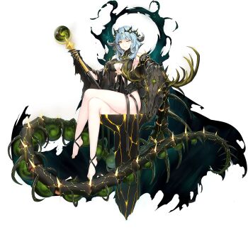 1girl animal_skull ankle_ribbon antlers ark_order balor_(ark_order) bare_legs bare_shoulders barefoot black_dress black_gloves black_ribbon blue_hair bone breasts closed_mouth clothing_cutout crown darkness deer_skull detached_sleeves dress feet floating floating_object full_body gauntlets glint gloves highres holding holding_staff horns hourai_no_hangentsuki leg_ribbon long_sleeves medium_breasts medium_hair monster no_panties o-ring official_art one_eye_closed pale_skin plantar_flexion ribbon sidelocks sitting skeleton smile solo staff tachi-e throne transparent_background underboob_cutout wide_sleeves yellow_eyes