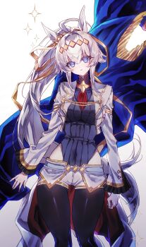 Rule 34 | 1girl, absurdres, animal ears, black pantyhose, blue eyes, blue leotard, blue shirt, commentary request, cropped jacket, grey hair, hair between eyes, highleg, highleg leotard, highres, horse ears, horse girl, horse tail, jacket, leotard, long hair, looking at viewer, mandarin collar, necktie, oguri cap (cinderella gray) (umamusume), oguri cap (umamusume), pantyhose, parted lips, red necktie, shirt, short shorts, shorts, solo, tail, tuwu (user yvte3782), umamusume, umamusume: cinderella gray, white jacket, white shorts